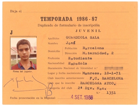 1986-87 Pep Guardiola FC Barcelona Younger Rookie 15 Years Signed Identity Card (Beckett)